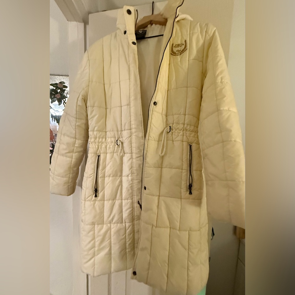 Women's Cream Quilted Puffer Coat with faux fur removable hood